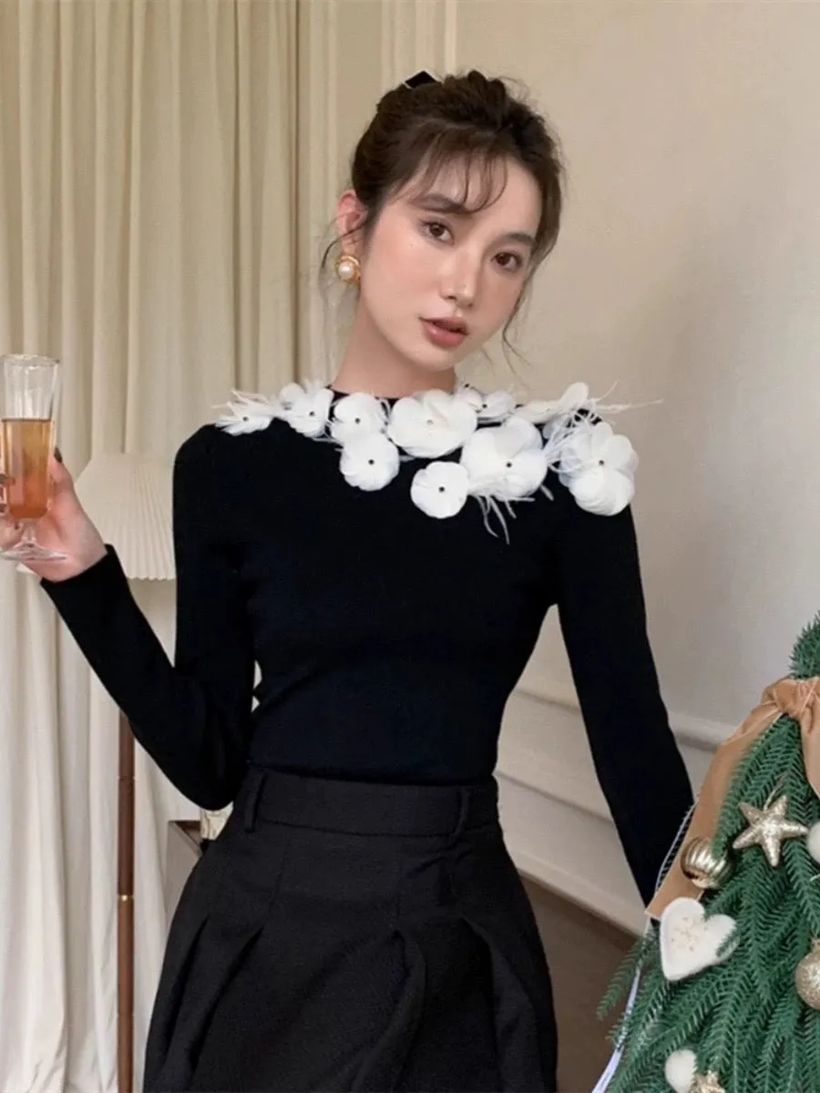 2023 new winter Korean style elegant floral slim sweater with elegant design and French slimming sweater