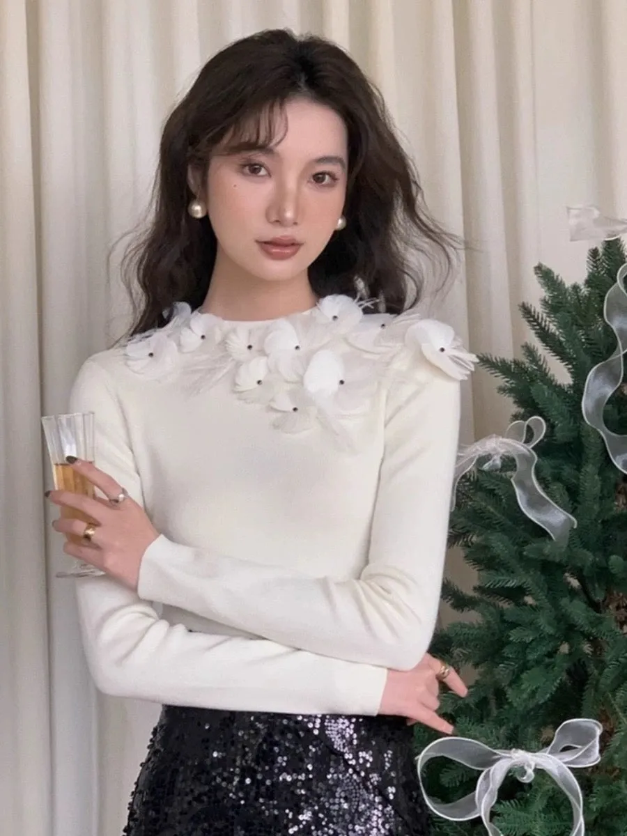 2023 new winter Korean style elegant floral slim sweater with elegant design and French slimming sweater