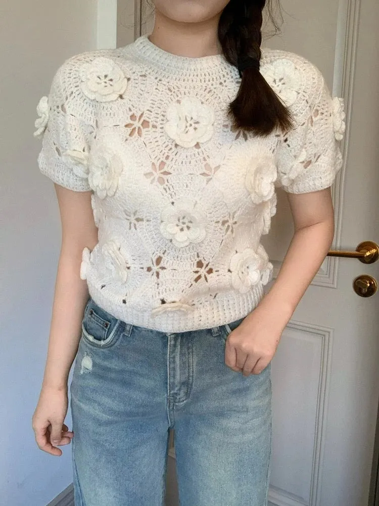 American sexy three-dimensional flower hollow short-sleeved sweater for women in summer pure lust hot girl slimming short top