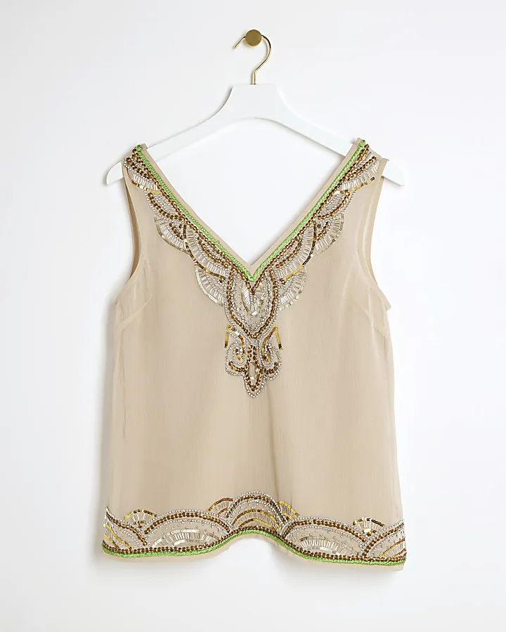 Beige embellished tank top