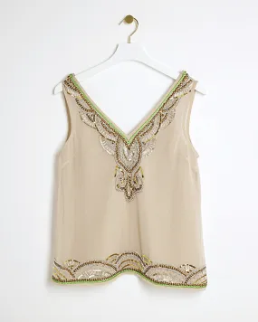 Beige embellished tank top