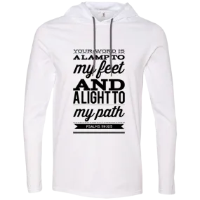 Bible Verse Men Long Sleeve T-Shirt Hoodie - Your Word Is Light To My Path ~Psalm 119:105~ Design 15 (Black Font)