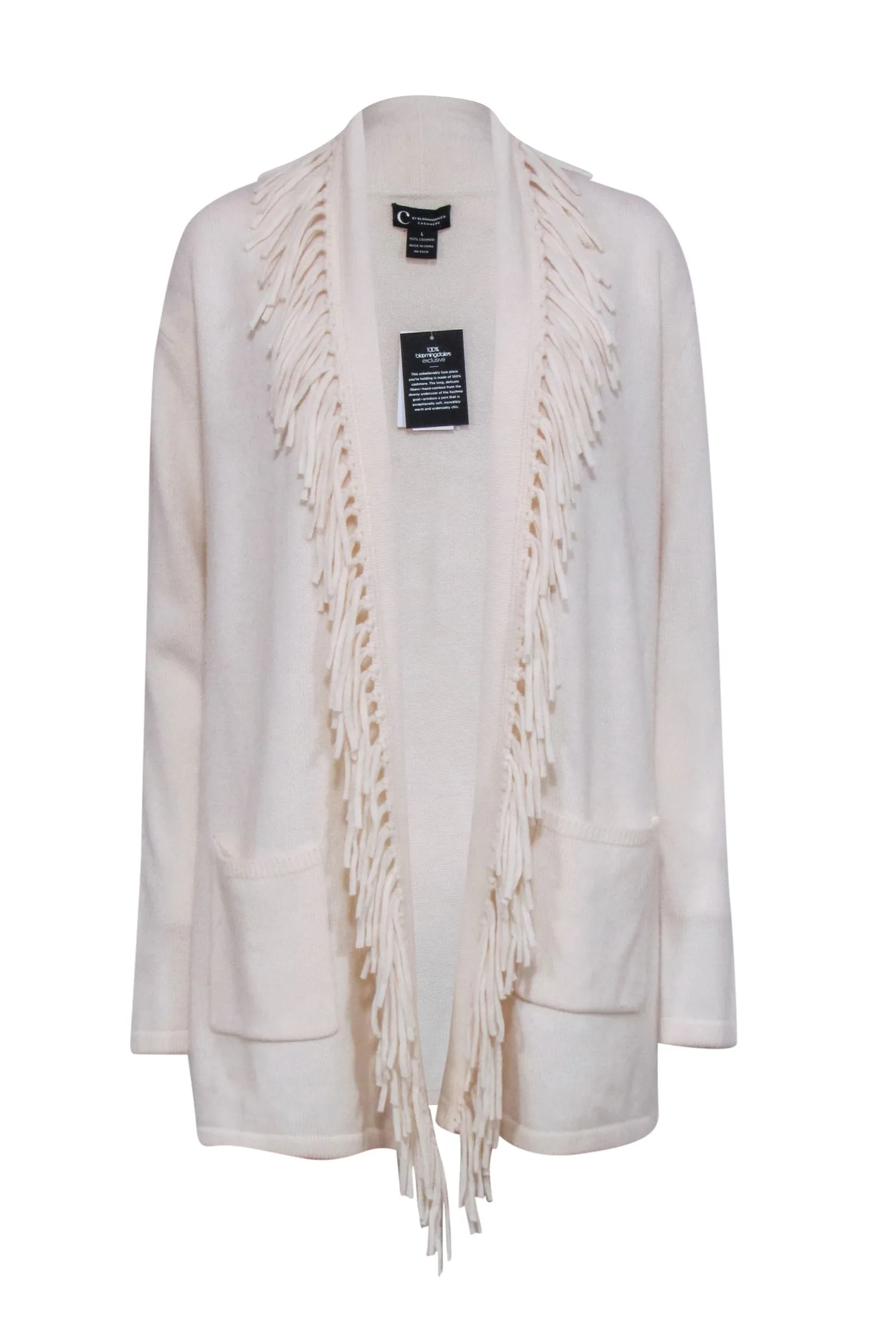 C By Bloomingdale's Cashmere - Cream Cashmere Fringe Trim Cardigan Sz L