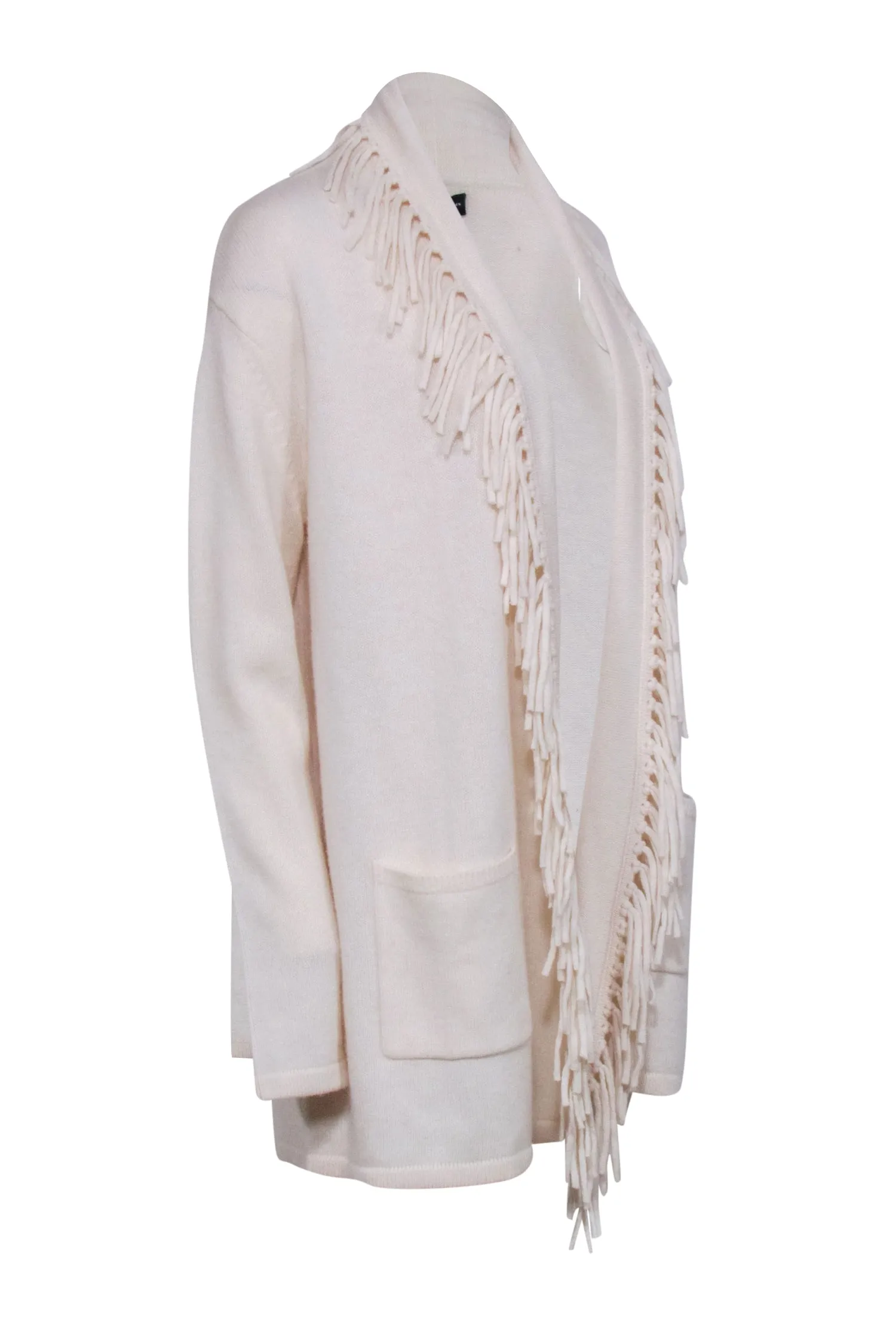 C By Bloomingdale's Cashmere - Cream Cashmere Fringe Trim Cardigan Sz L