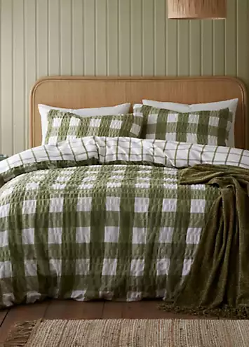 Catherine Lansfield Olive Brushed Cotton Seersucker Gingham Duvet Cover Set | Kaleidoscope