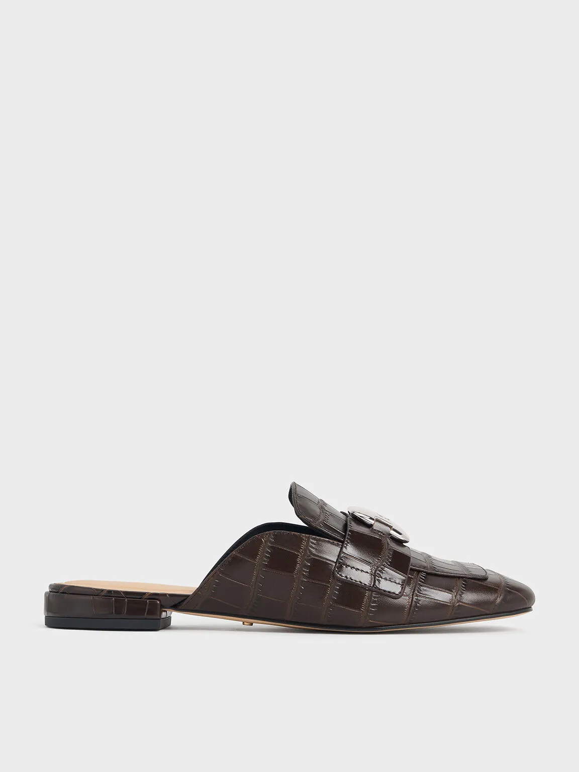 Croc-Effect Leather Metallic-Accent Loafer Mules - Dark Brown