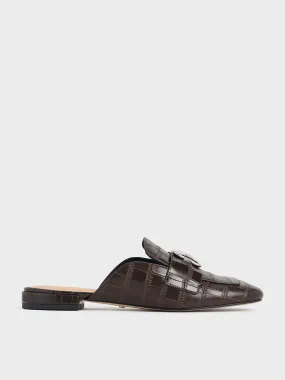 Croc-Effect Leather Metallic-Accent Loafer Mules - Dark Brown