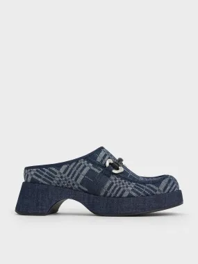 Denim Plaid Metallic Accent Platform Mules - Dark Blue