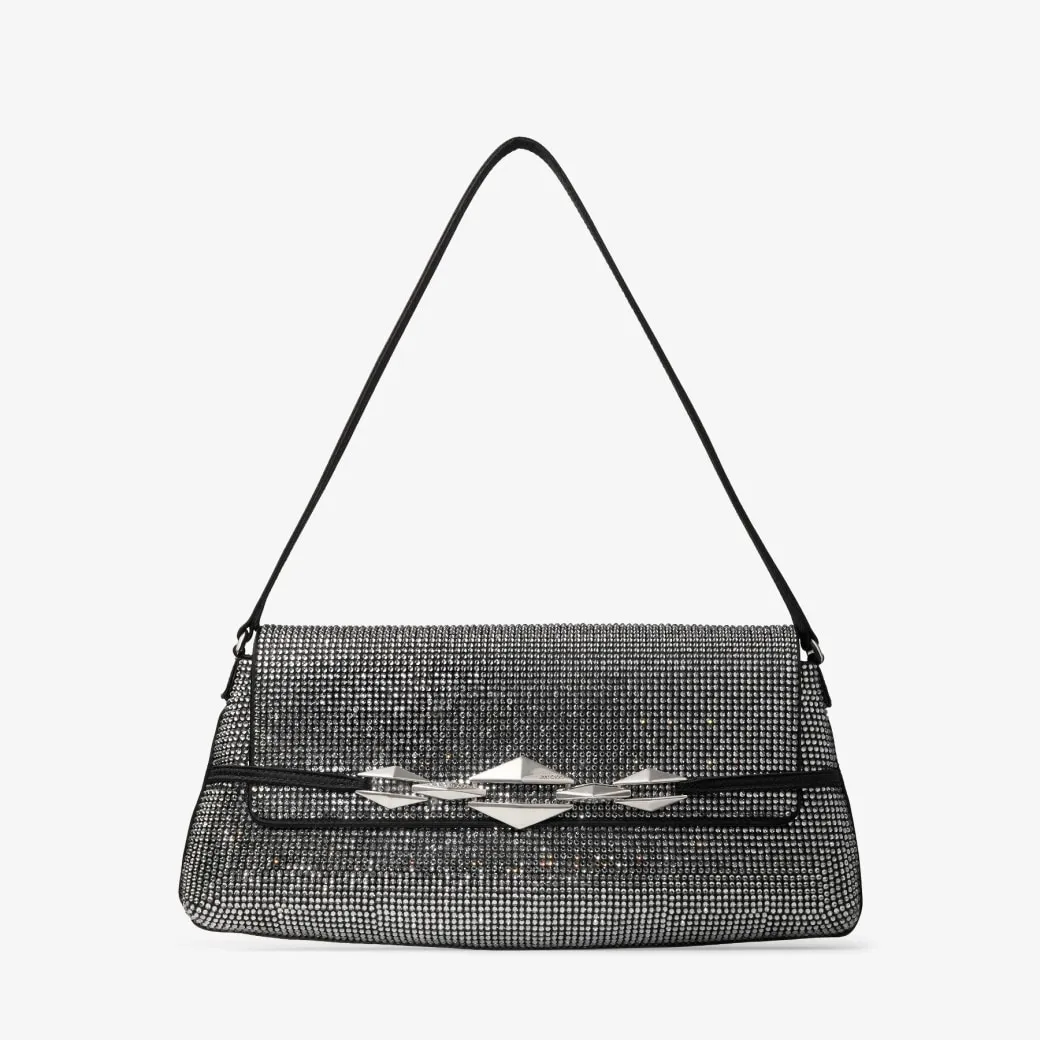 Diamond Shoulder East-west Black Satin Crystal Shoulder Bag