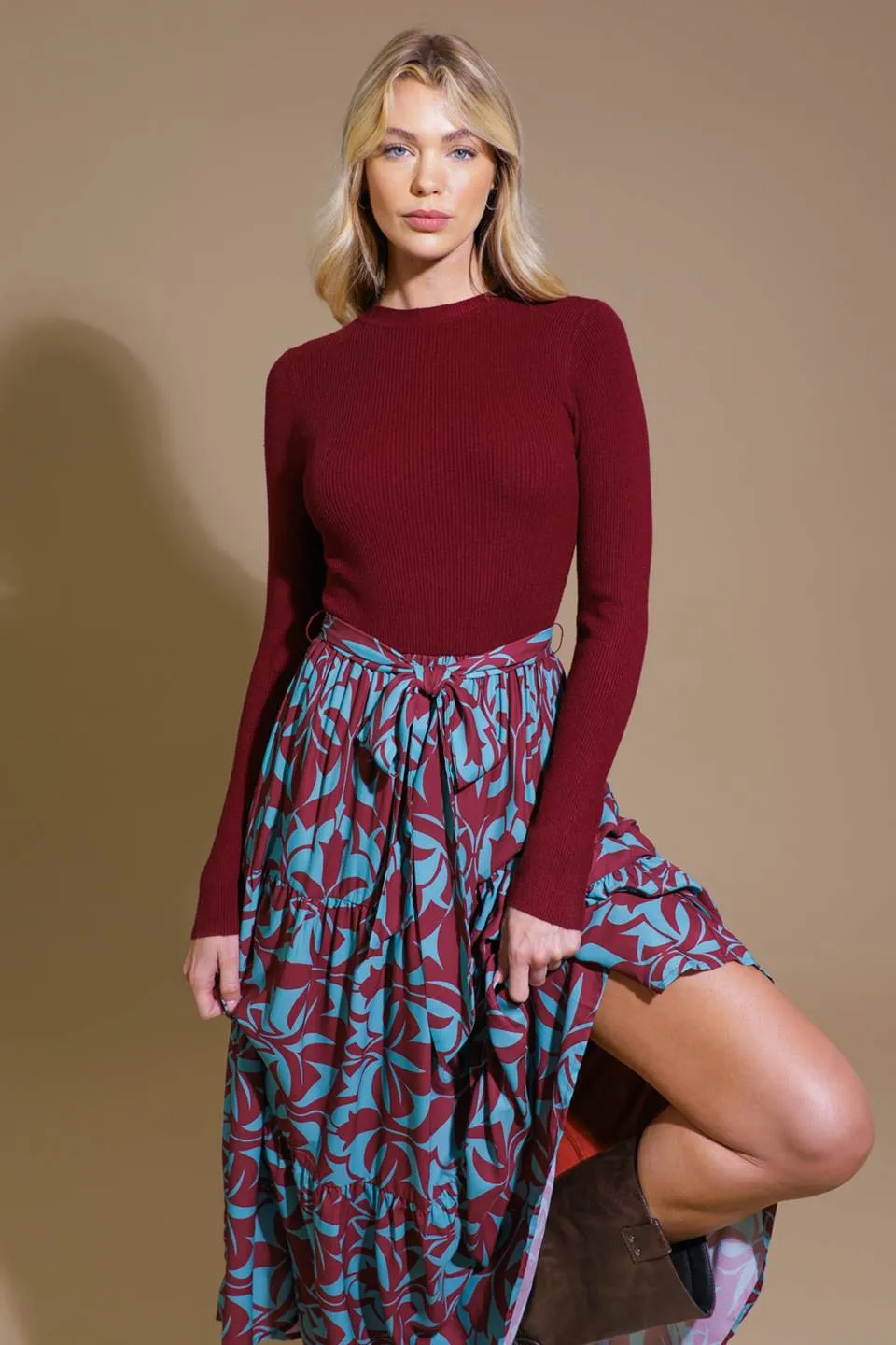 DREAM AVENUE SWEATER TOP AND WOVEN MIDI DRESS