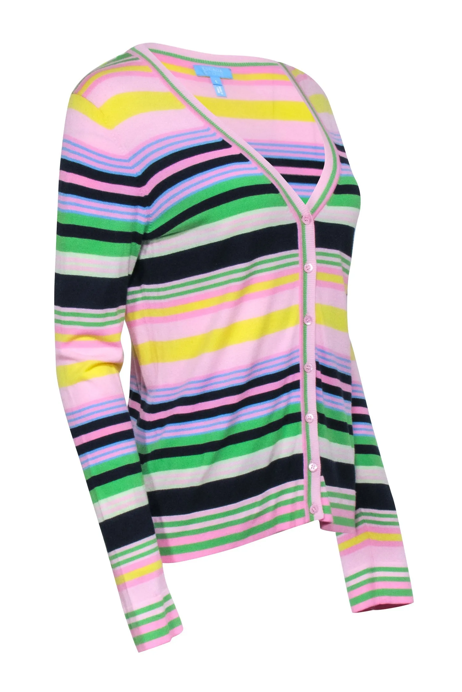 Escada Sport - Pink Multicolor Stripe V-neck Cardigan Sz L