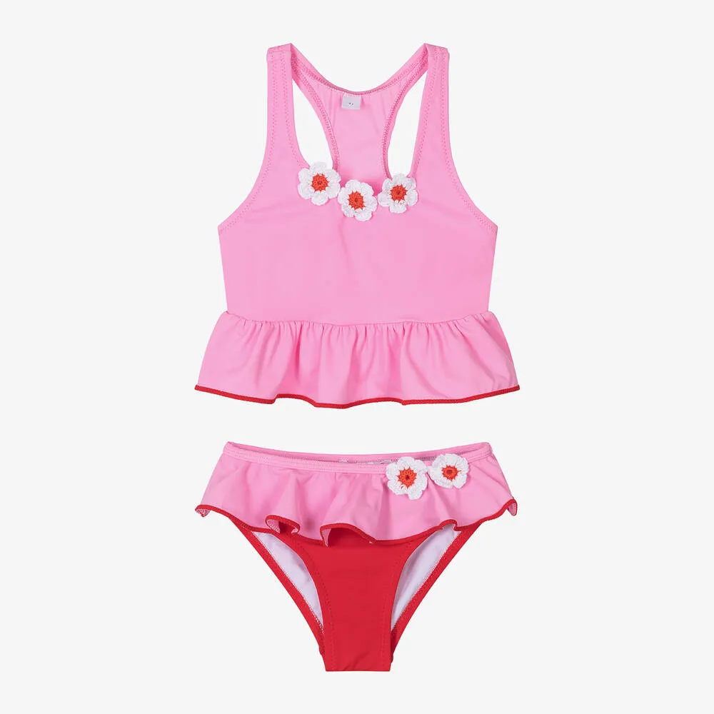 Girls Pink Crochet Flower Bikini (UV50)