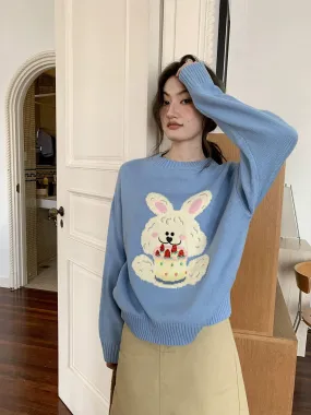 Hello Canon cartoon rabbit jacquard embroidered sweater women autumn 2024 new loose pullover round neck sweater