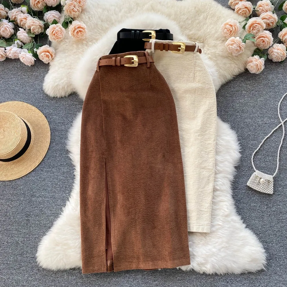 Hong Kong style retro slit skirt with winter sweater mid-length Korean style high-waist slim hip-hugging A-line skirt