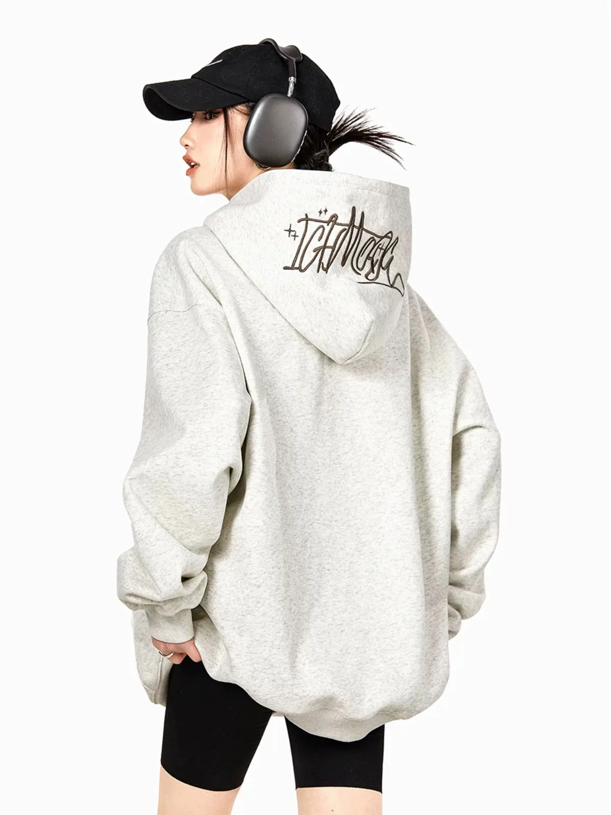 ICH MODE High Street Graffiti Embroidered Textured High Street Sweater Women's Lazy Loose Versatile Trendy Hooded Jacket Women