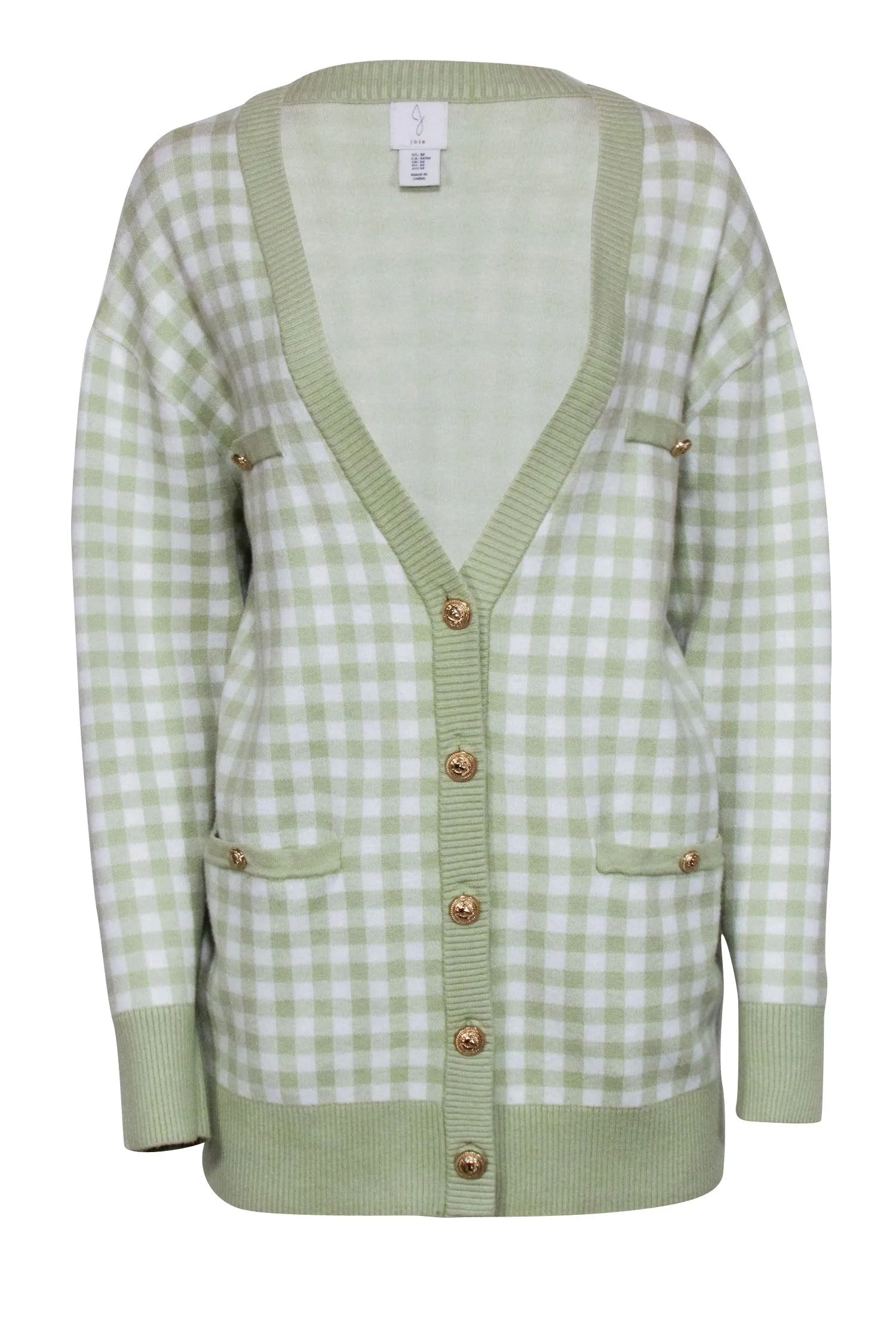 Joie- Light Green & White Gingham Print Cardigan Sz M