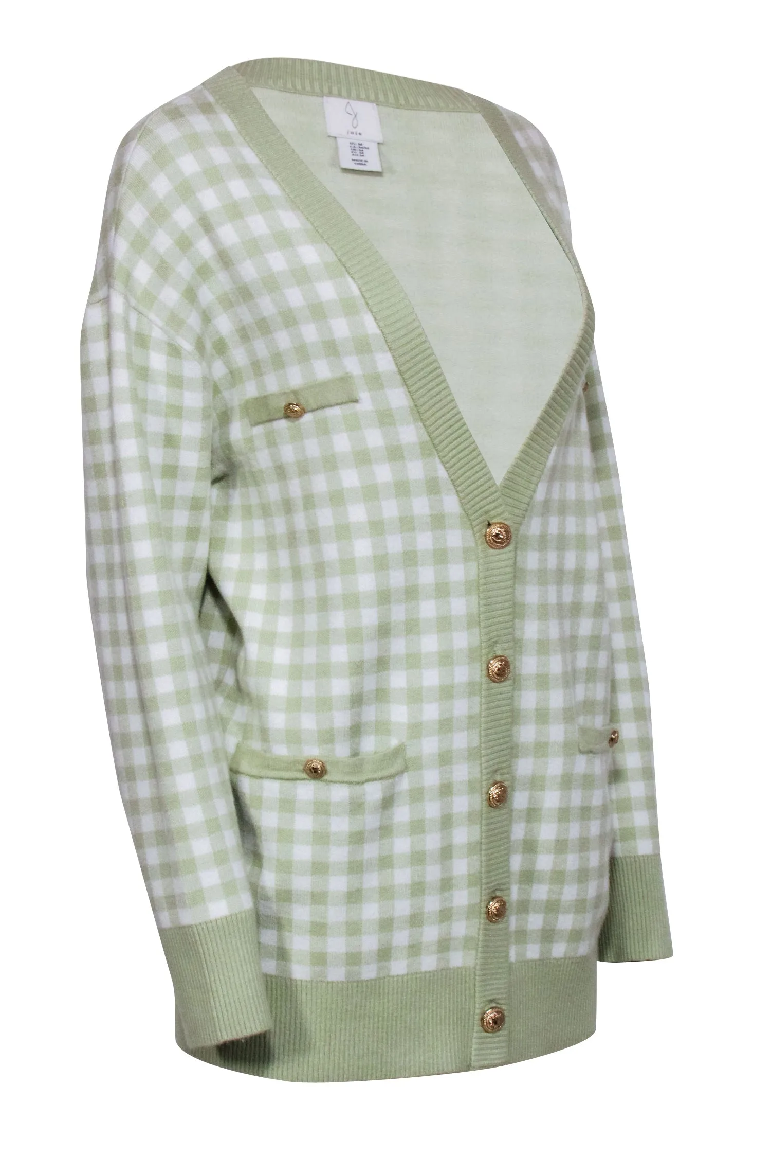 Joie- Light Green & White Gingham Print Cardigan Sz M