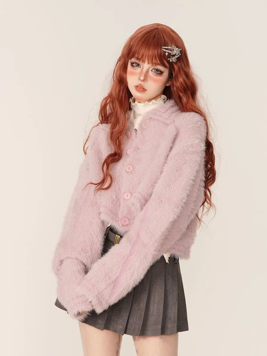 kellykitty girl Feiya taro purple long-sleeved lapel sweater jacket winter sweater short top