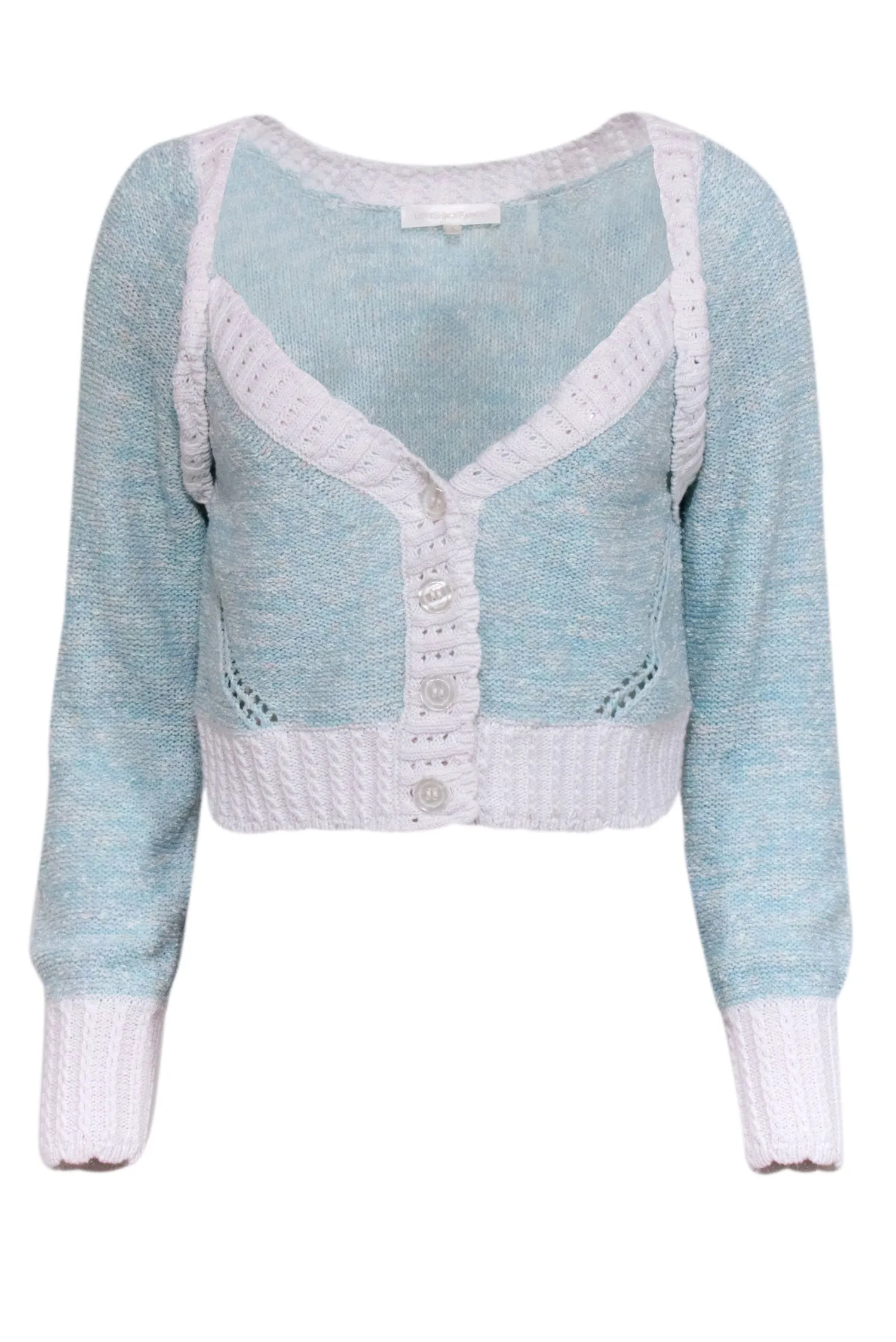 LoveShackFancy - Light Blue & Ivory Cropped Knit Cardigan Sz L