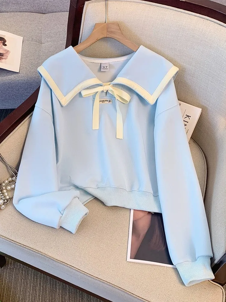 Milky blue navy doll collar sweater for women 2024 early spring and autumn new hot style short tops for small people