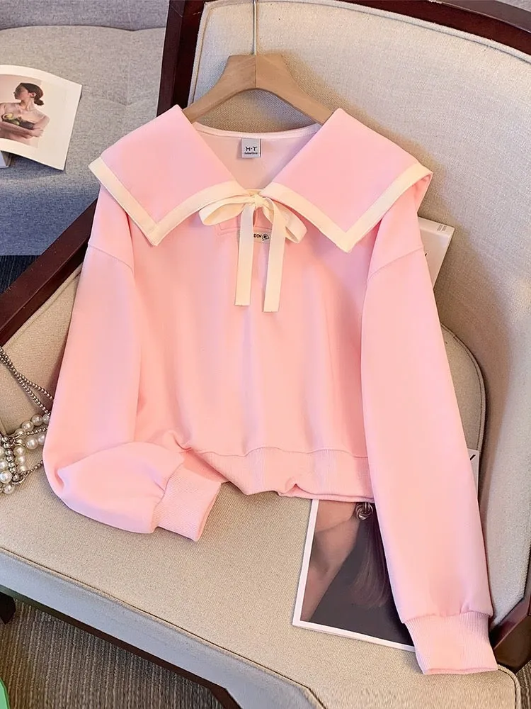 Milky blue navy doll collar sweater for women 2024 early spring and autumn new hot style short tops for small people