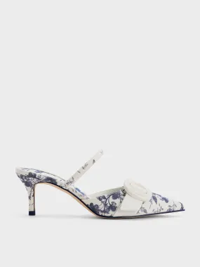 Oval-Buckle Floral-Print Pointed-Toe Mules - Dark Blue