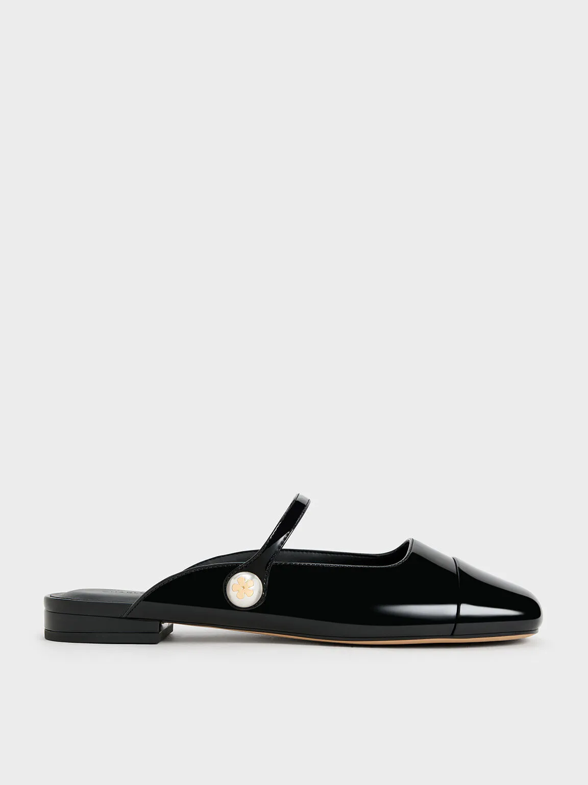 Patent Pearl Embellished Flat Mules - Black Patent