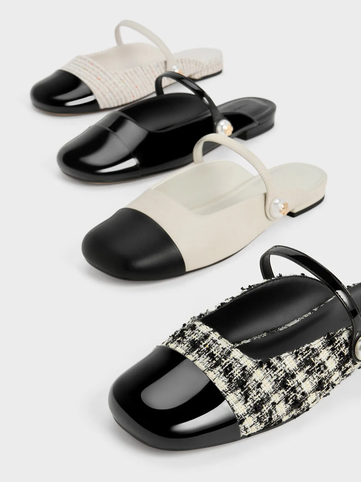 Patent Pearl Embellished Flat Mules - Black Patent