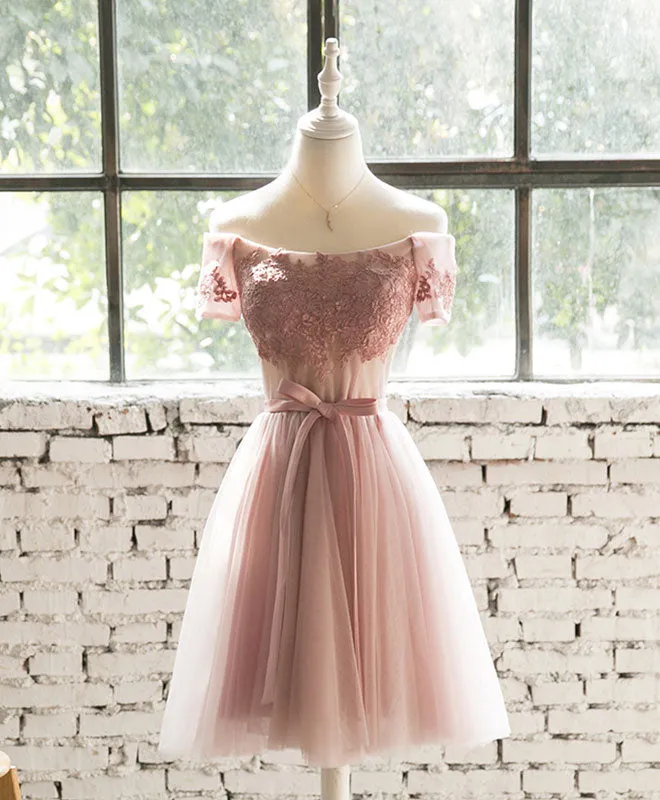 Pink Lace Tulle Short Prom Dress, Homecoming Dress