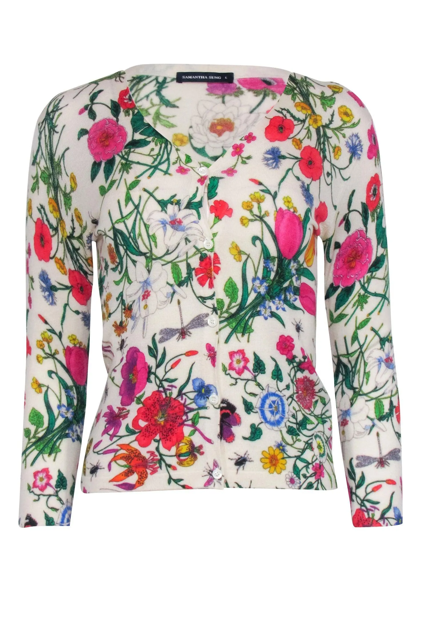 Samantha Sung - Ivory Silk & Cashmere Multi Color Floral Print Cardigan Sweater Sz L