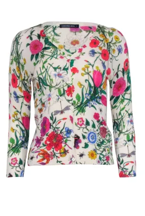 Samantha Sung - Ivory Silk & Cashmere Multi Color Floral Print Cardigan Sweater Sz L