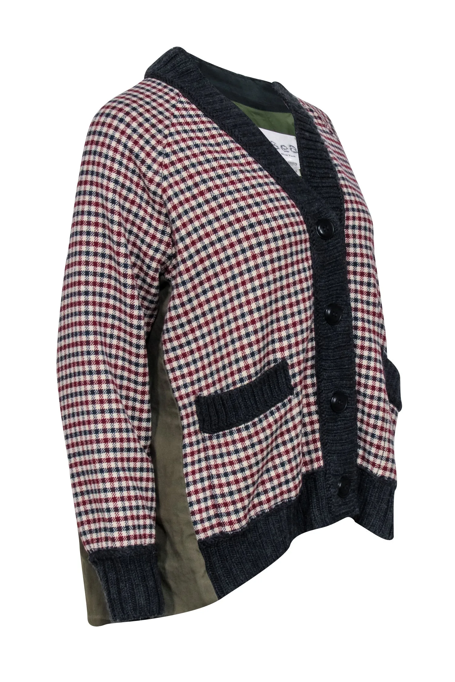 Sea NY - Petra Beige & Red Plaid Cardigan w/ Olive Backing Sz S