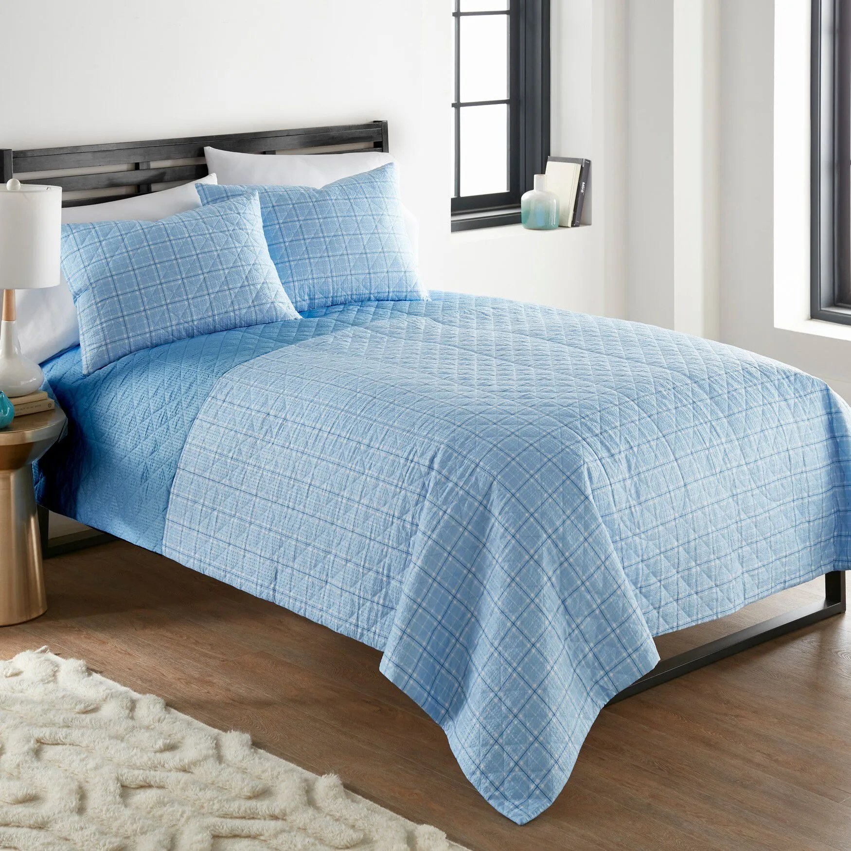 Seersucker Solid Blue 6-In-1 Quilt Set