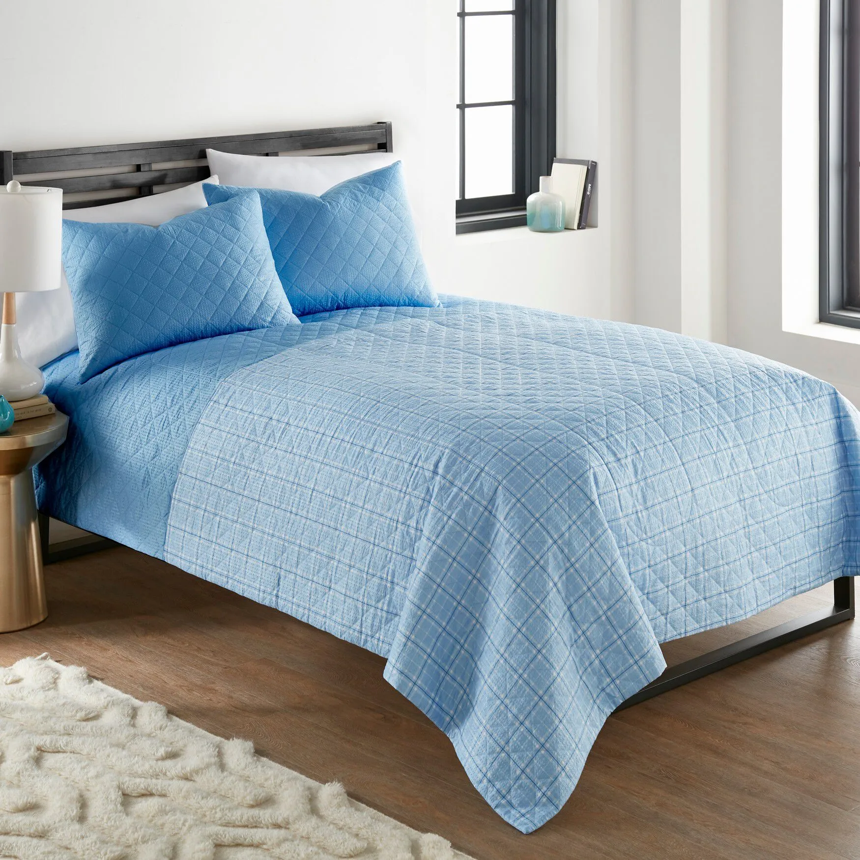 Seersucker Solid Blue 6-In-1 Quilt Set