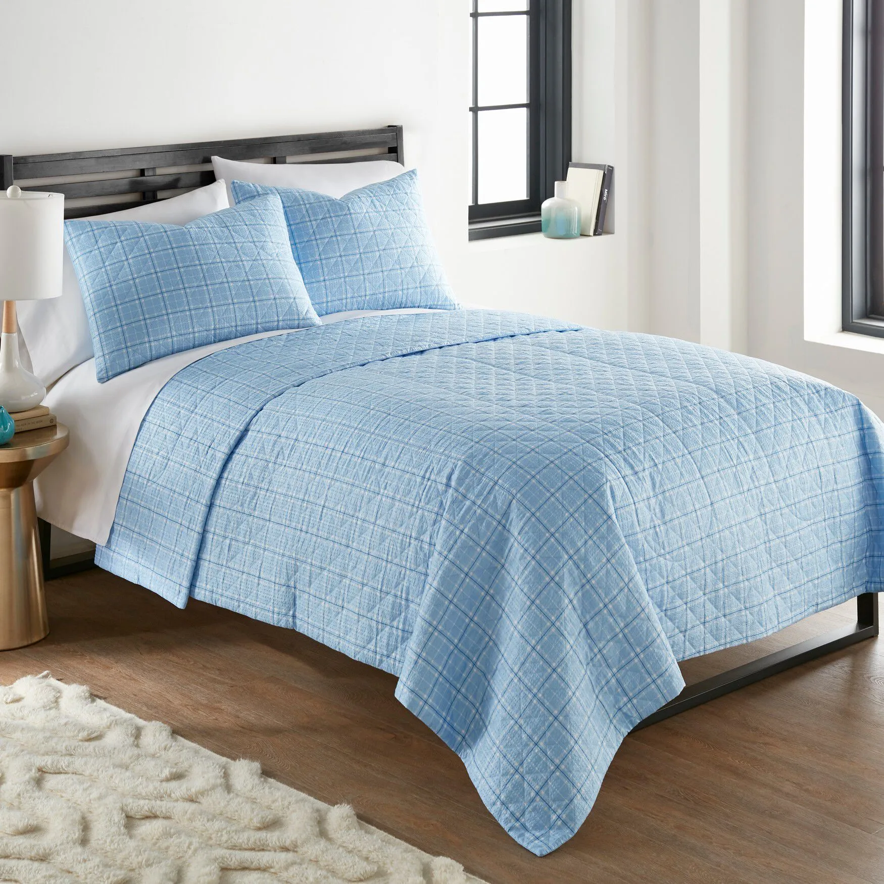 Seersucker Solid Blue 6-In-1 Quilt Set