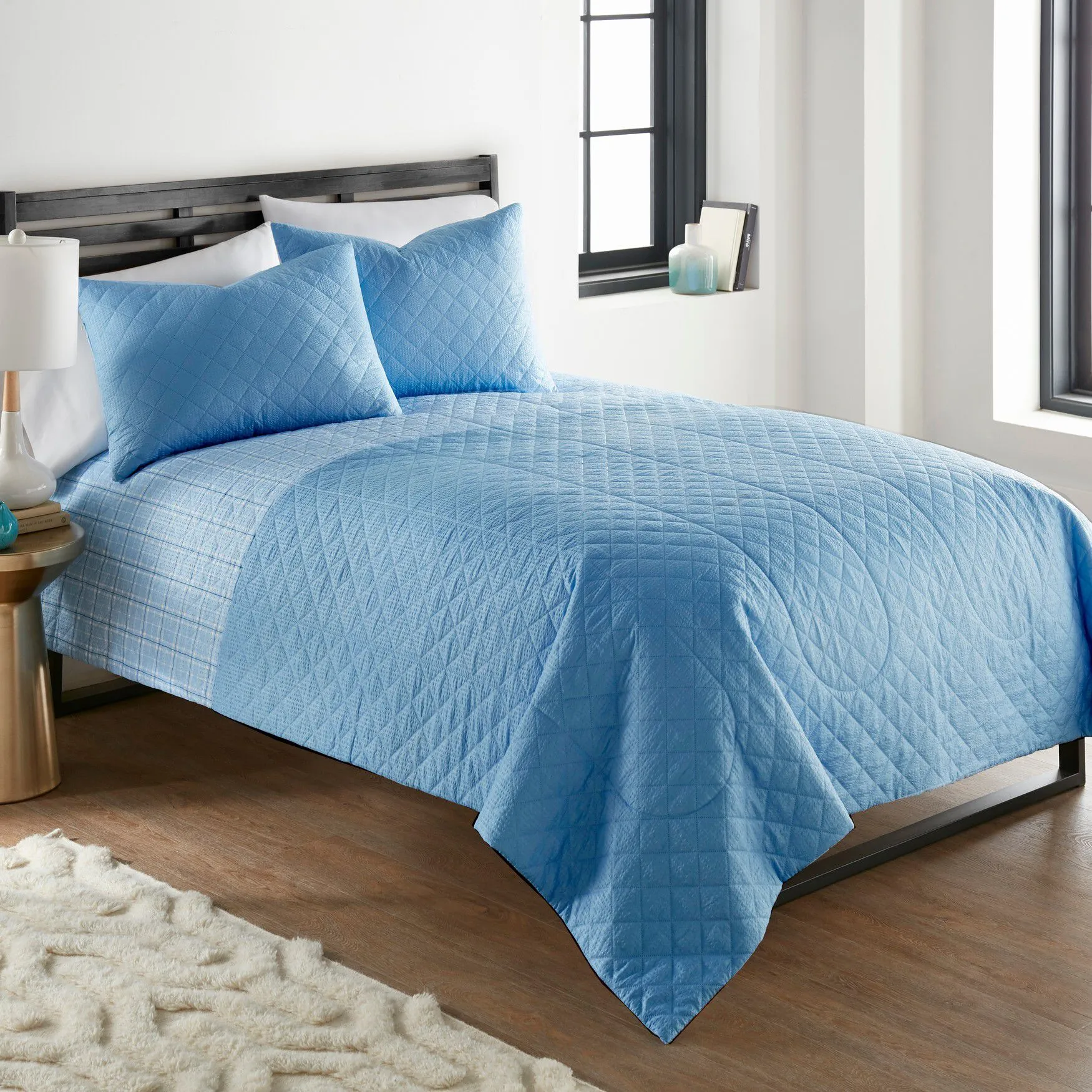 Seersucker Solid Blue 6-In-1 Quilt Set