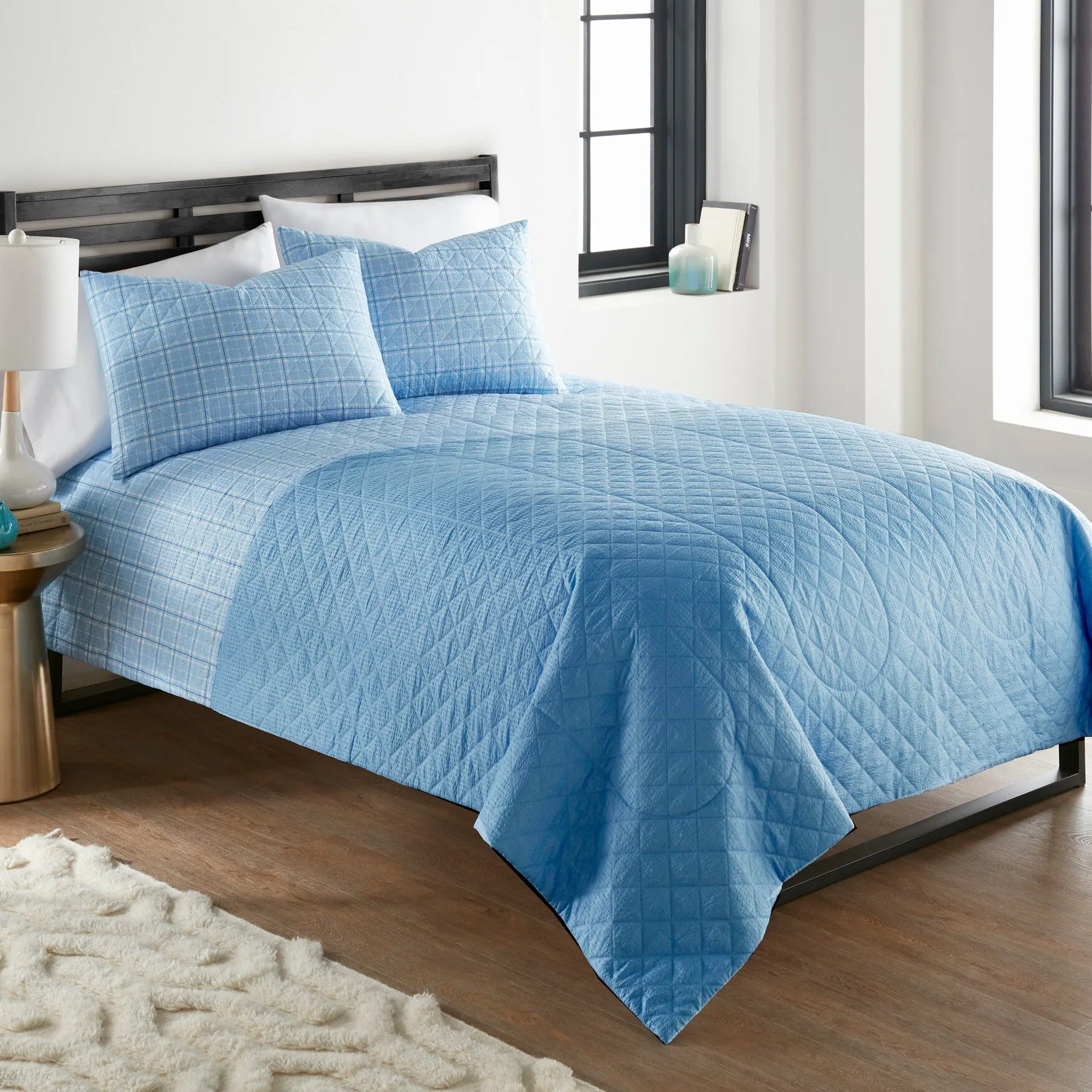 Seersucker Solid Blue 6-In-1 Quilt Set