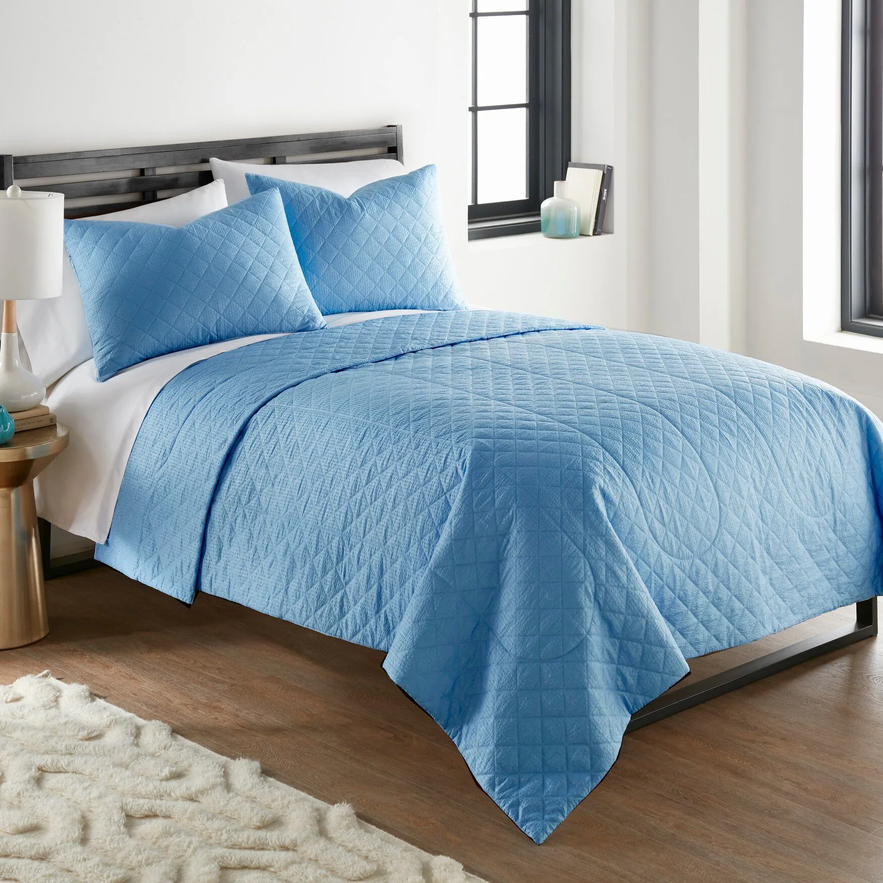 Seersucker Solid Blue 6-In-1 Quilt Set