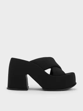 Toni Puffy-Strap Crossover Platform Mules - Black Textured