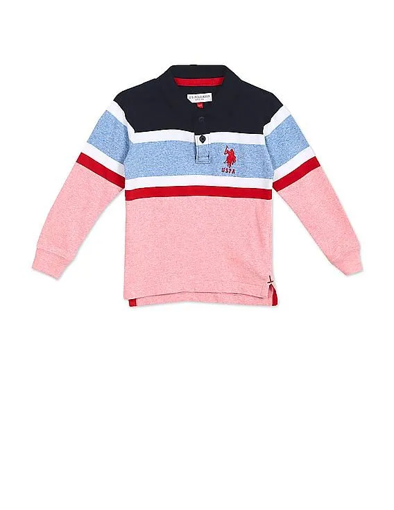 U.S. Polo Assn. Kids Men Pink And Blue Long Sleeve Striped Polo Shirt