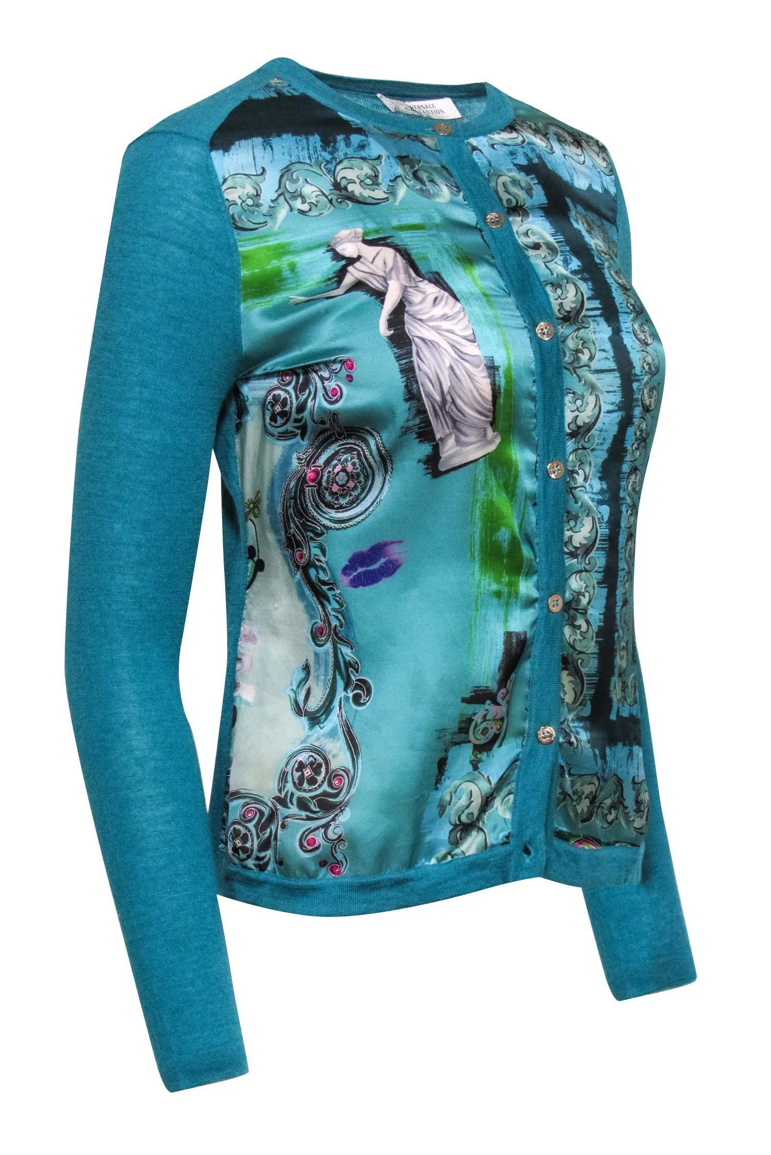 Versace Collection - Teal Sculpture Print Silk & Wool Blend Cardigan 6