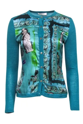 Versace Collection - Teal Sculpture Print Silk & Wool Blend Cardigan 6