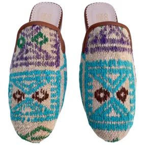 Women's Turkish Kilim Mules | Tan with Light Blue