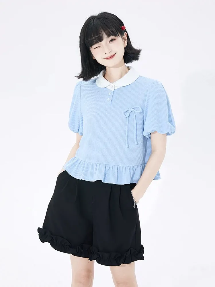 Xiao Cong good tailoring college-style ingot collar short-sleeved sweater for women summer loose bow puff-sleeved short top