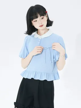 Xiao Cong good tailoring college-style ingot collar short-sleeved sweater for women summer loose bow puff-sleeved short top